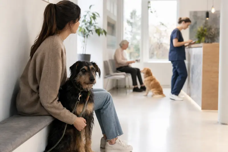 Ein Karabas-Hund sitzt ruhig neben seinem Besitzer im hellen Wartezimmer einer modernen Tierarztpraxis.